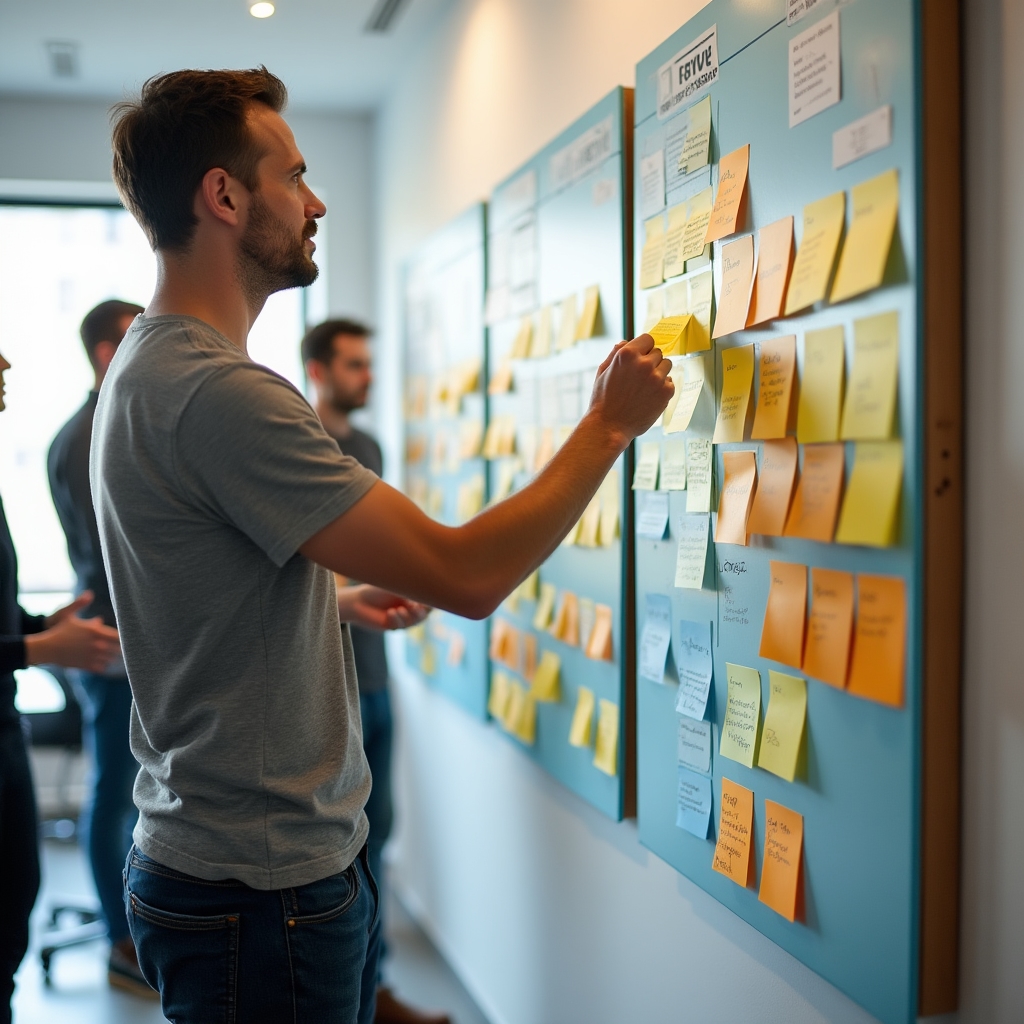 Uczestnicy szkolenia pracują z tablicą Kanban